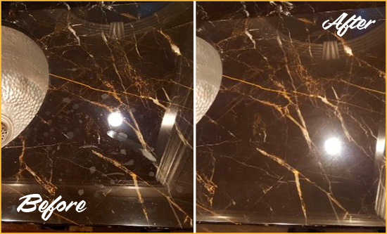 Before and After Picture of a Hiawassee Marble Countertop Cleaned to Remove Water Spots