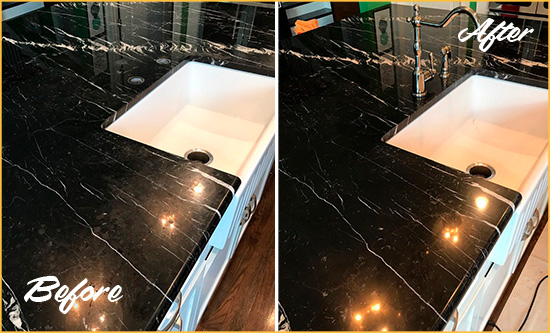 Before and After Picture of a Aloma Marble Kitchen Countertop Stone Sealed to Avoid Water Damage