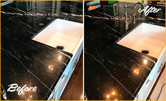 Before and After Picture of a Pine Hills Marble Kitchen Countertop Stone Sealed to Avoid Water Damage