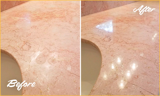 Before and After Picture of a South Eola Marble Stone Vanity Top Sealed to Avoid Water Marks