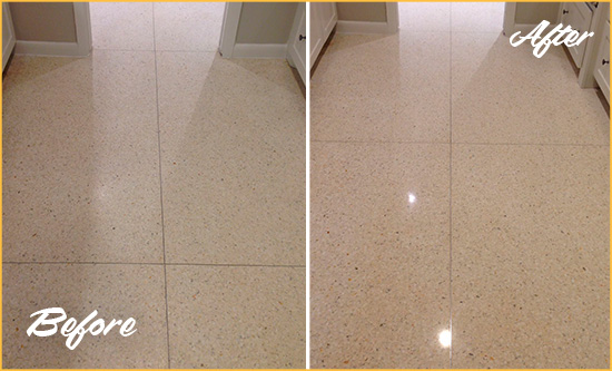 Before and After Picture of a Dull Ocoee Granite Floor Honed to Recover Its Sheen