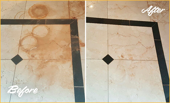 Before and After Picture of a Ocoee Marble Floor Honed to Remove Rust Stains