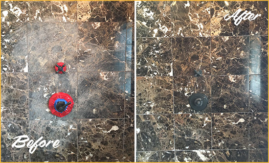 Before and After Picture of a Pine Hills Marble Shower Honed to Remove Scratches