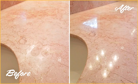 Before and After Picture of a Ocoee Marble Vanity Top Honed to Eliminate Water Spots