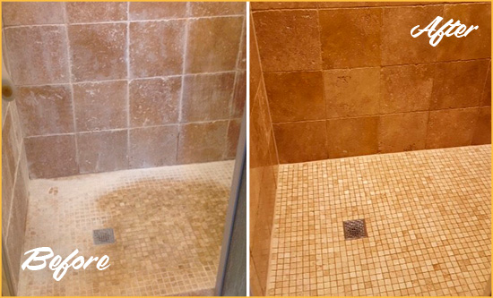 Before and After Picture of a Bay Lake Travertine Shower Honed to Remove Mineral Deposits