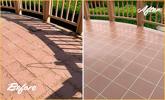 Before and After Picture of a Hiawassee Hard Surface Restoration Service on a Tiled Deck