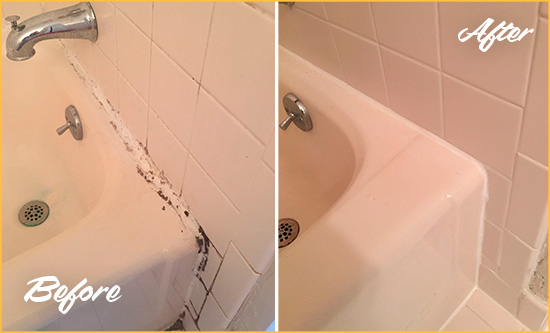 Before and After Picture of a Ocoee Hard Surface Restoration Service on a Tile Shower to Repair Damaged Caulking