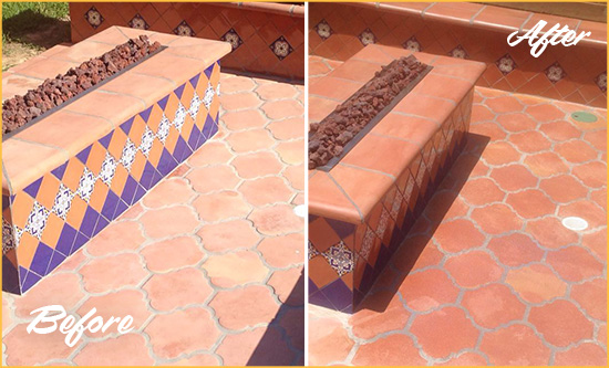 Before and After Picture of a Golden Oak Hard Surface Restoration Service on a Dull Terracotta Patio Floor to Recover Its Color
