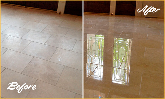 Before and After Picture of a Lake Butler Hard Surface Restoration Service on a Dull Travertine Floor Polished to Recover Its Splendor