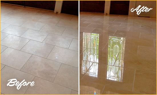 Before and After Picture of a Colonialtown Hard Surface Restoration Service on a Dull Travertine Floor Polished to Recover Its Splendor