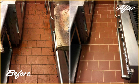 Before and After Picture of a Lockhart Hard Surface Restoration Service on a Restaurant Kitchen Floor to Eliminate Soil and Grease Build-Up