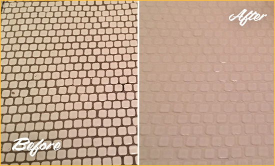 Before and After Picture of a Edgewater Hard Surface Restoration Service on a Bathroom Tile Floor Recolored to Fix Grout Color