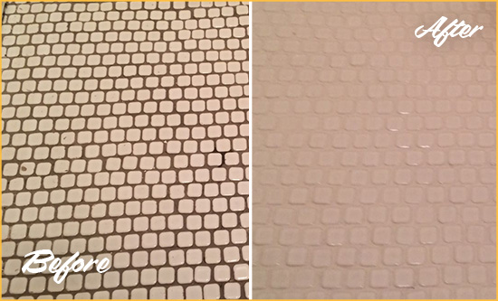 Before and After Picture of a Golden Oak Hard Surface Restoration Service on a Bathroom Tile Floor Recolored to Fix Grout Color