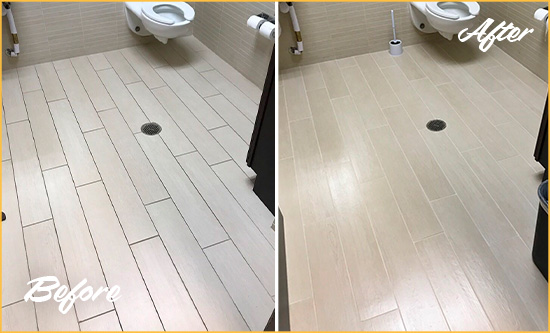 Before and After Picture of a Park Central Office Restroom's Grout Cleaned to Remove Dirt