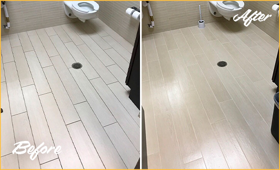 Before and After Picture of a Winter Springs Office Restroom's Grout Cleaned to Remove Dirt