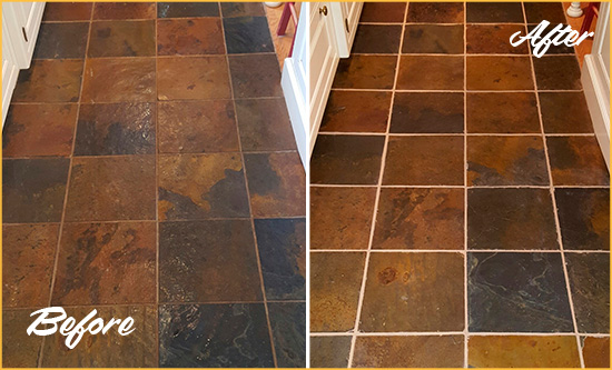 Before and After Picture of Lake Buena Vista Slate Floor Grout Cleaned to Remove Dirt
