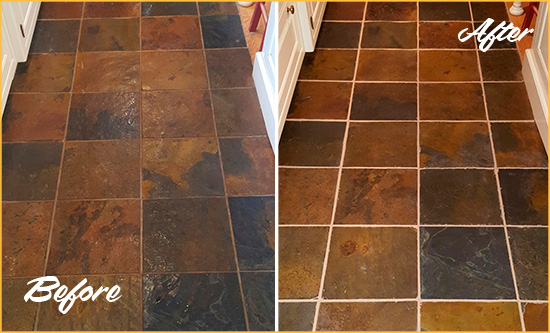 Before and After Picture of Winter Springs Slate Floor Grout Cleaned to Remove Dirt