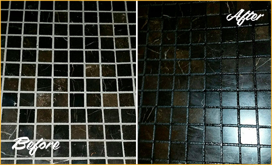 Before and After Picture of a Hunters Creek Black Floor with Recolored Grout