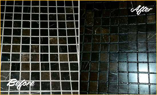 Before and After Picture of a Casselberry Black Floor with Recolored Grout