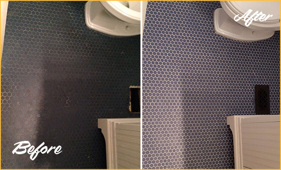 Before and After Picture of a Lady Lake Blue Tile Floor Recolored Grout