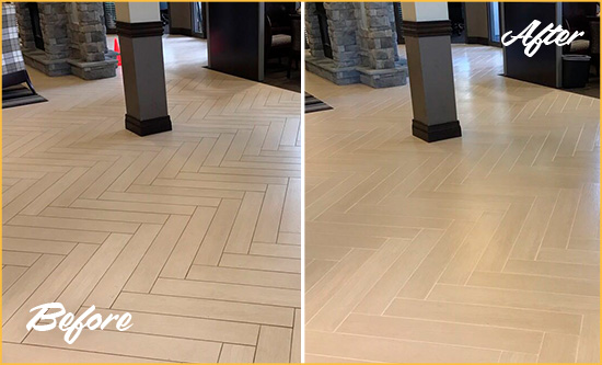 Before and After Picture of a Christmas Office Lobby Floor Recolored Grout