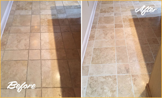 Before and After Picture of a Sanford Travertine Kitchen Floor Recolored Grout