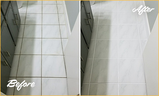 Before and After Picture of a Clarcona White Ceramic Tile with Recolored Grout