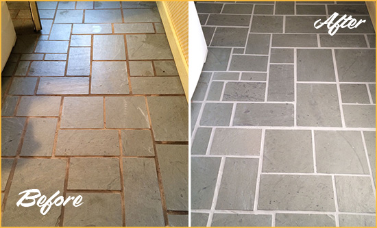 Before and After Picture of Damaged Bay Lake Slate Floor with Sealed Grout