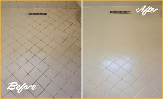 Before and After Picture of a Aloma White Bathroom Floor Grout Sealed for Extra Protection