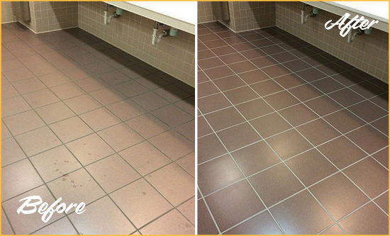 Before and After Picture of Dirty Groveland Office Restroom with Sealed Grout