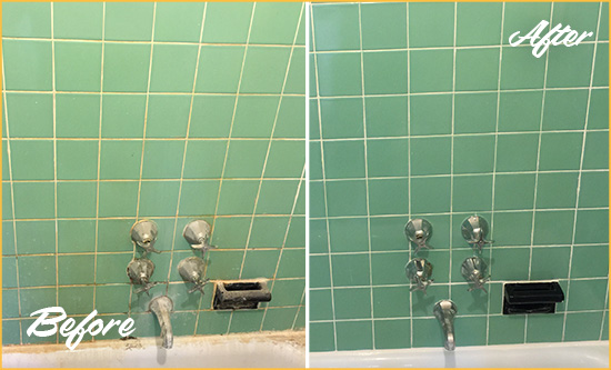 Before and After Picture of a Bay Lake Bath Tub Grout Sealed to Avoid Water Damage