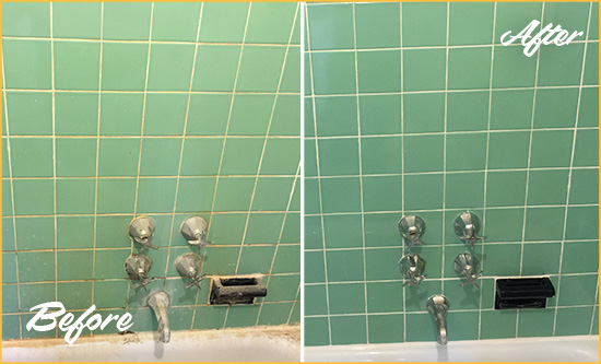 Before and After Picture of a MetroWest Bath Tub Grout Sealed to Avoid Water Damage