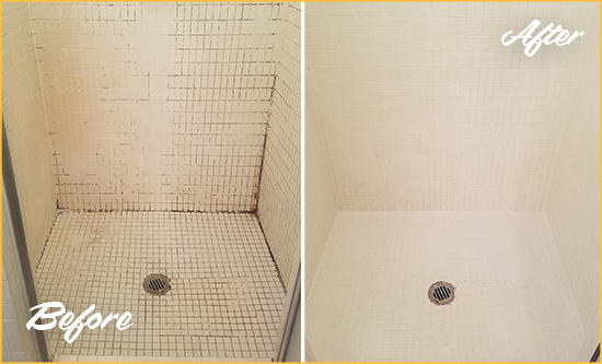 Before and After Picture of a Christmas Bathroom Grout Sealed to Remove Mold