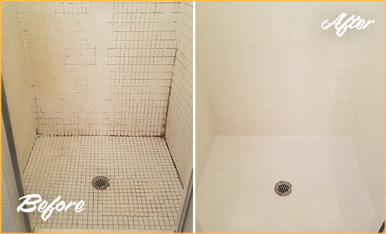 Before and After Picture of a MetroWest Bathroom Grout Sealed to Remove Mold