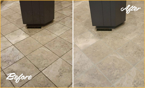 Before and After Picture of a Lady Lake Kitchen Floor Grout Sealed to Remove Stains