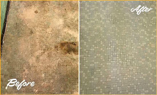 Before and After Picture of a Edgewater Mosaic Shower Cleaned to Eliminate Embedded Dirt