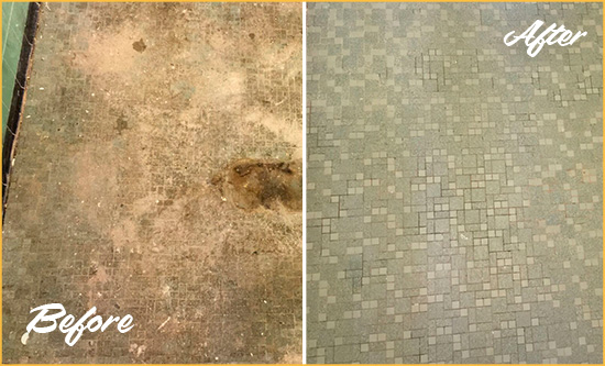 Before and After Picture of a Fruitland Park Mosaic Shower Cleaned to Eliminate Embedded Dirt