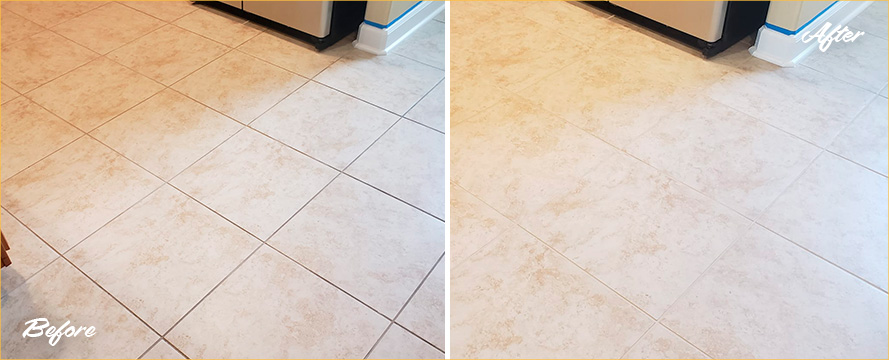 Kitchen Floor Before and After a Grout Cleaning in Winter Garden, FL