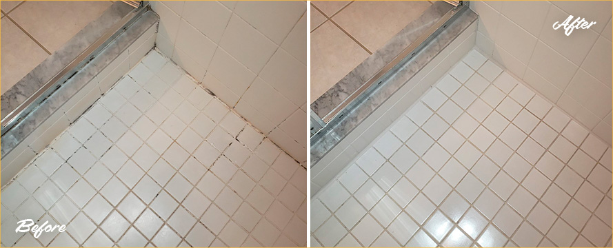 Shower Floor Before and After a Phenomenal Grout Cleaning in Orlando, FL