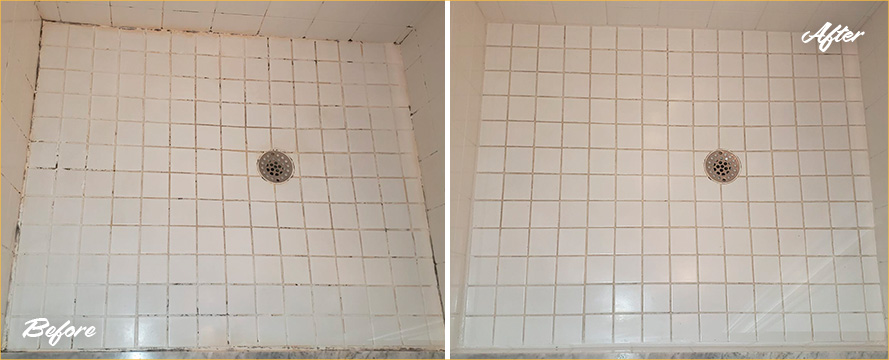 Shower Floor Before and After a Superb Grout Cleaning in Orlando, FL