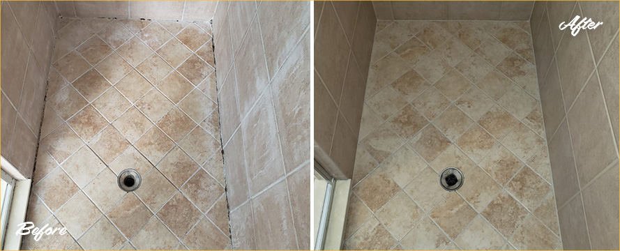 Shower Before and After a Remarkable Grout Sealing in Horizon West, FL