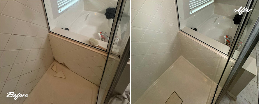 Shower Before and After Our Remarkable Hard Surface Restoration Services in Orlando, FL