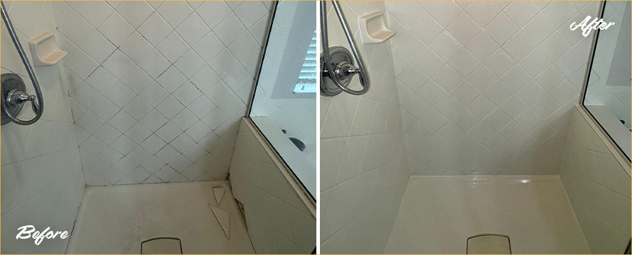 Shower Before and After Our Superb Hard Surface Restoration Services in Orlando, FL