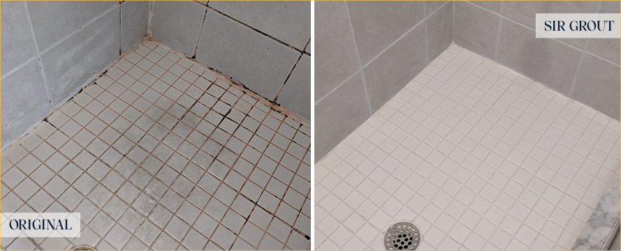 Before and after Picture of This Shower after a Grout Cleaning Service in Winter Park, FL