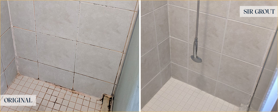  Before and after Picture of a Ceramic Tile Shower after a Grout Cleaning Job in Winter Park, Florida