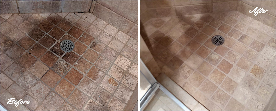 Natural Stone Shower Before and After Stone Cleaning in Orlando FL