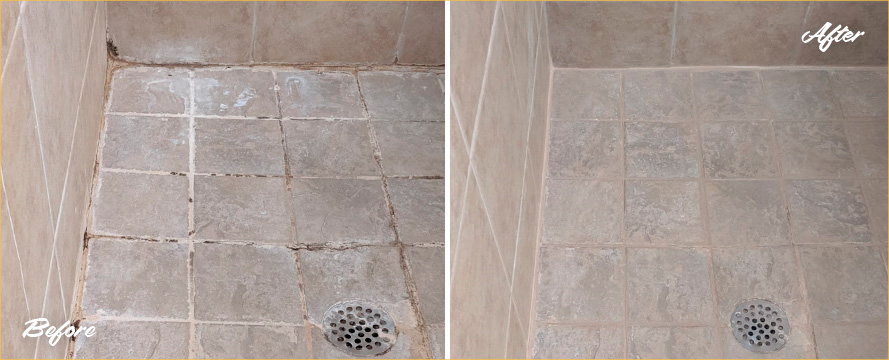 Master Shower Before and After a Stone Cleaning in Windermere, FL