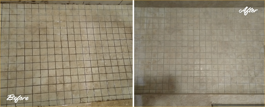 Before and After of an Incredible Shower Restoration Performed by Our Tile and Grout Cleaners Team in Winter Gardens