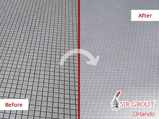 Picture of a Tile Restroom Floor Before and After a Grout Cleaning Service in Orlando, FL