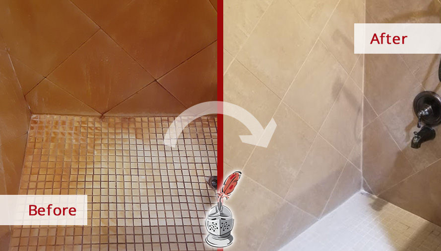 Before and After Picture of a Shower Tile Cleaning in Orlando, FL